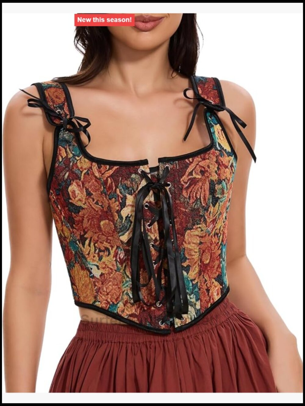 Sexy Overbust Denim Corset Top Floral Renaissance Lace Up Crop Bustier